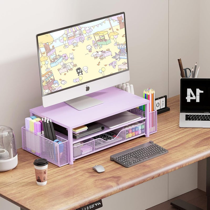 OPNICE Desk Organizers and Accessories, 2-Tier Computer Monitor Stand Riser with Drawer and 2 Pen Holders, Laptop Stand, Office Desk Accessories & Office Decor for Women, Purple - Image 5
